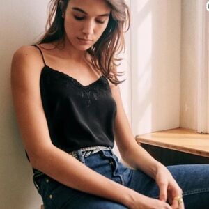 Sézane Palma Silk Embroidered Black Cami - EU 38/ US 6
